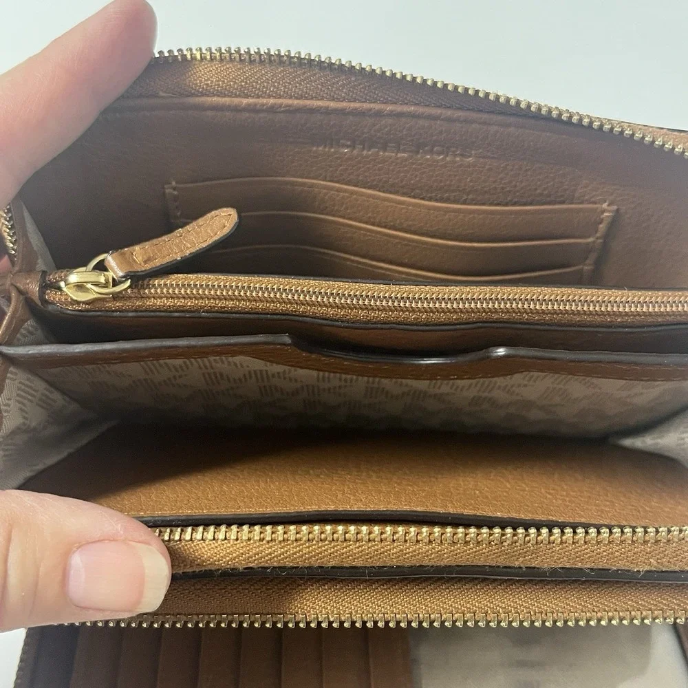 Michael Kors Women's Double Zip Wristlet Wallet Saffiano Brown Leather
